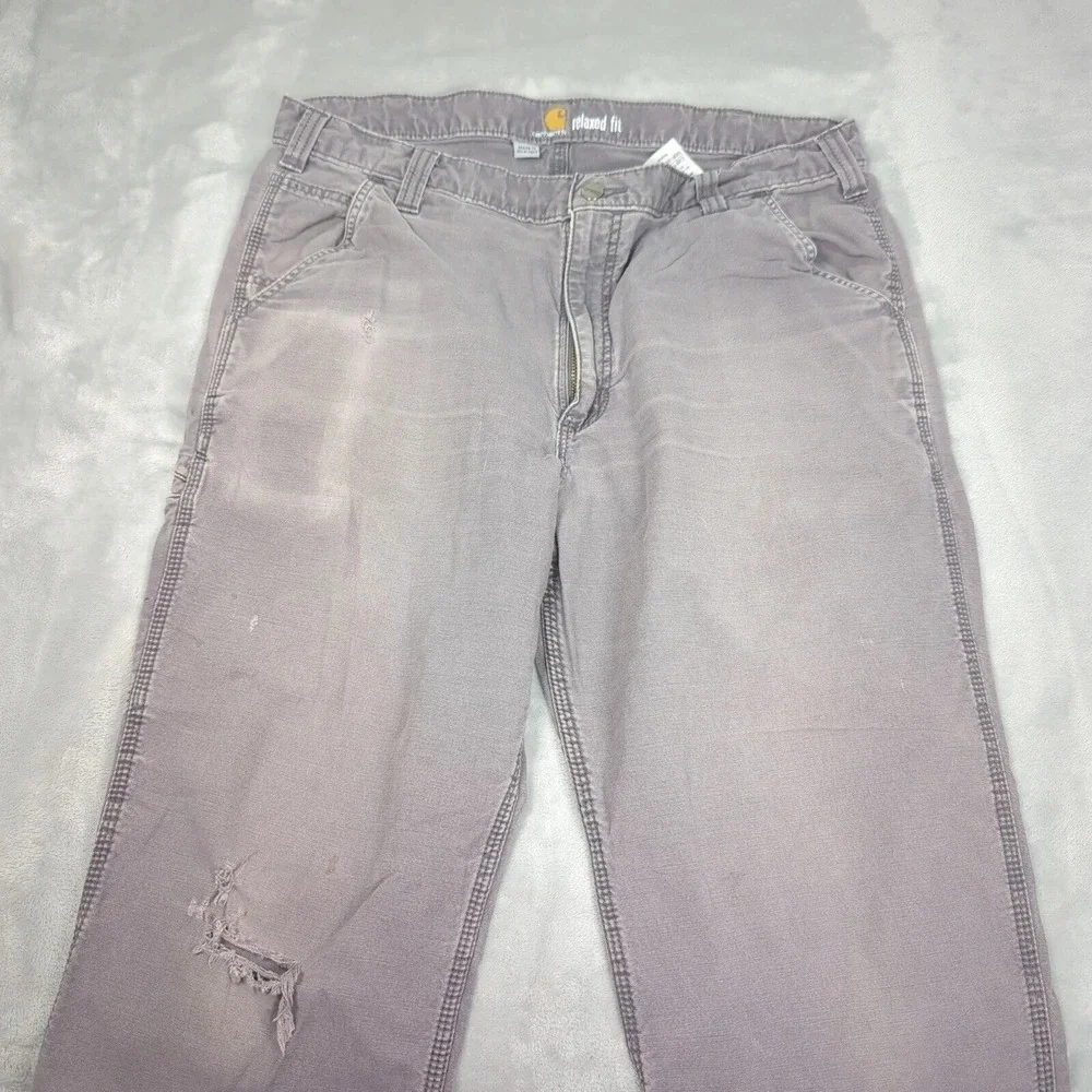 Carhartt Pants 38x32 Men Gray Canvas Rugged Flex Thick Work Distressed Relaxed